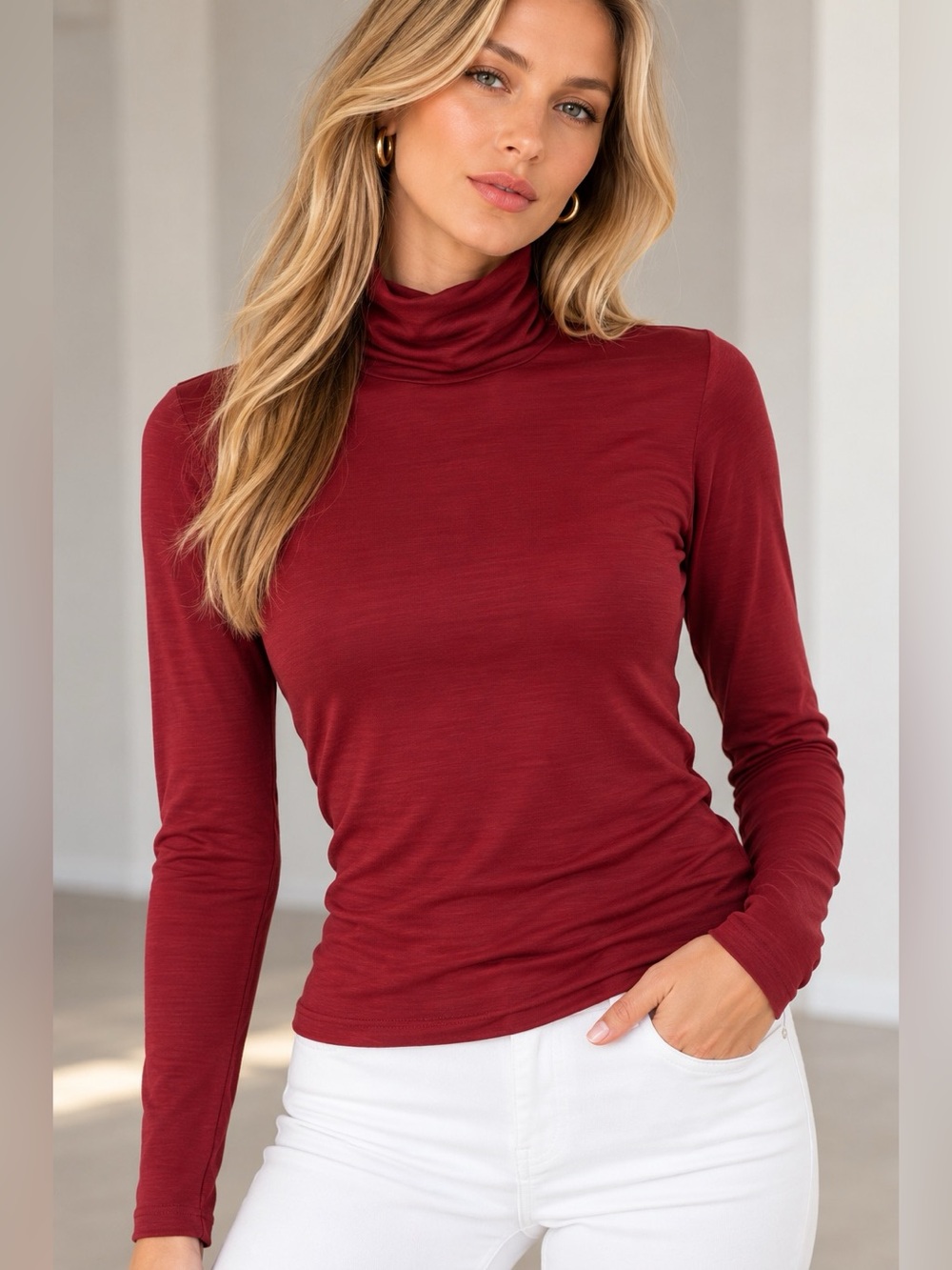 IPEKYOL Burgundy Draped Turtleneck Long Sleeve Jersey Top XS